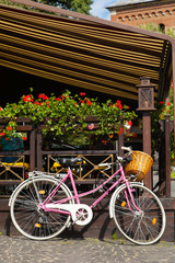 pink bicycle parked decorate interior living room modern style with cement mortar wall background