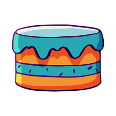 Vector cartoon celebration sponge cake with cream. Blue birthday cake icon or logotype for cake or pastry shop, bakery, confectionery, birthday card. Stock illustration isolated on a white background.