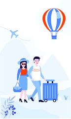 A couple is going to travel by air, with traveling case. Flat Vector illustration.