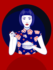 Vector of Chinese vintage women holding cooked jasmine rice bowls with chopsticks.