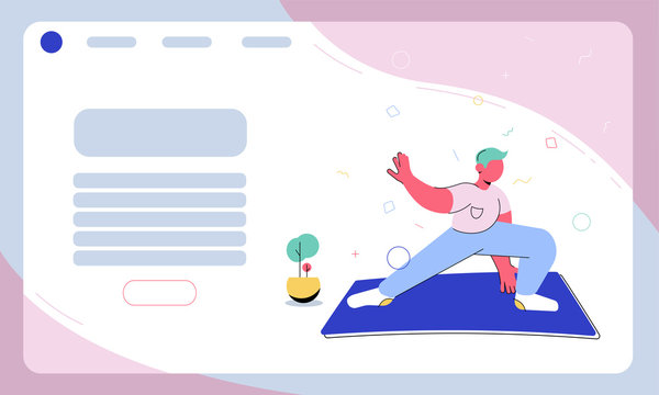
Banner for a site about sports, yoga and meditation. The character is fond of fitness and yoga. Flat vector illustration of an active student involved in sports. Concept for banner and website design