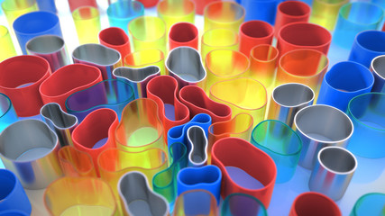 Multicolored 3D composition. Soft cylindrical tubes are drawn to the center, deformed when moving.