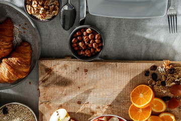 Breakfast on a table in the sunshine on a beautiful holiday day