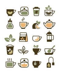tea cups icons. symbols of hot drinks green tea and coffee leaves kettle and cups vector illustration