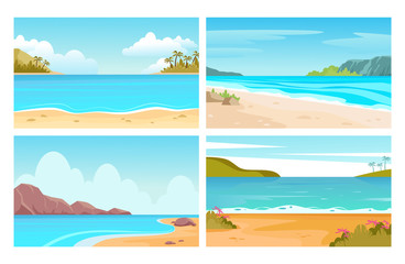 Beach, sea landscapes. Tropical seascapes with mountains, beach and palm trees