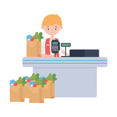Counter with cash register seller and products vector design