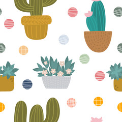 Plants in pots hand drawn seamless vector fill. Cute childish drawing. Baby wrapping paper, textile, vector illustration