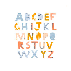 Abstract decorative English alphabet. Creative  cute Kids font. Ideal for education, home decor. Vector Illustration can be used for quotes, poster, cards and kids fashion prints.