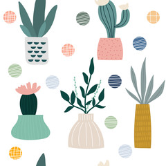 Plants in pots hand drawn seamless vector fill. Cute childish drawing. Baby wrapping paper, textile, vector illustration