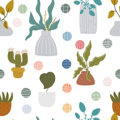 Printed kitchen splashbacks Plants in pots Plants in pots hand drawn seamless vector fill. Cute childish drawing. Baby wrapping paper, textile, vector illustration