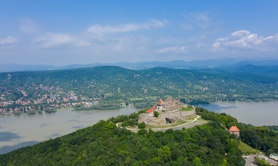 Fototapeta na wymiar Visegrad High Castle in Danube Bend (Dunakanyar), Hungary aerial 4K bright stock photo.