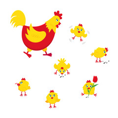 Yellow and red chicken funny cute little chicks babies flat style design vector illustration. Chicken farming poultry symbol icon signs. Domestic bird isolated on white background.
