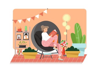 Reading books at home, vector flat illustration