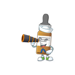 Liquid bottle in Sailor cartoon character style using a binocular