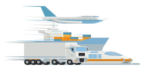 A logistics distributor transport freight concept featuring a cargo ship, air plane, truck and train.