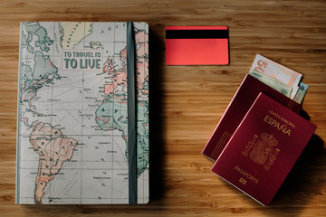 Passport with a credit card and a notebook
