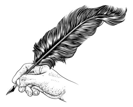 A hand holding writing with a quill feather antique ink pen. In a retro vintage engraved or etched woodcut print style.