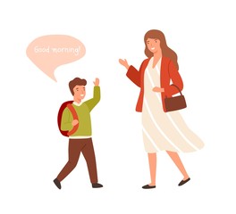 Smiling cartoon well mannered boy greeting adult woman vector flat illustration. Cartoon schooler guy waving hand to wish good morning isolated on white. Child demonstrate respectful manners