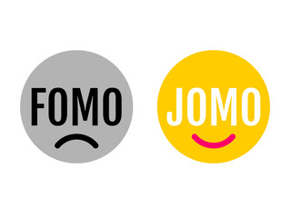 Two funny emojis showing the difference between FOMO and JOMO. JOMO means Joy Of Missing Out. FOMO means Fear Of Missing Out. Mental health concept due to oversupply of information. Digital detox