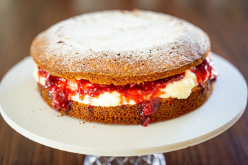 Whole Classic Victoria Sponge Cake, with Strawberry Jam and White Cream, Home Recipe