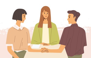 Concept of mediation. Man and woman sitting at desk, discussing problem, finding solution. Partners negotiation process with impartial arbitration. Vector illustration in flat cartoon style. - obrazy, fototapety, plakaty