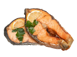 baked salmon steaks on a white background