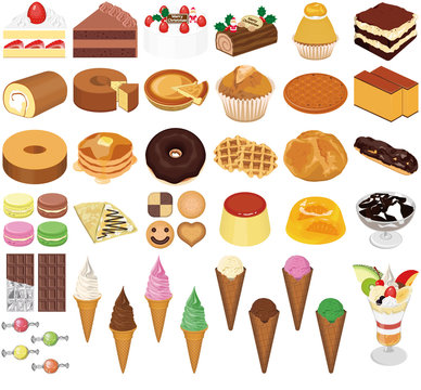 食べ物アイコン・イラスト【洋菓子】①（ケーキ、チョコレート、アイスクリーム、パフェ）