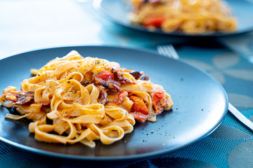 Italian Pasta with Sun Dried Tomatoes and Cherry Tomatoes on the Dark Plate