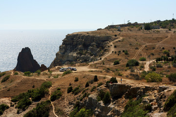 The landscape of the rocky shore of the Black Sea.