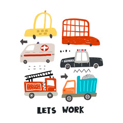 let’s work. cartoon toy car set, hand drawing lettering, decor elements. flat style, colorful vector for kids. baby design for cards, poster decoration, t-shirt print