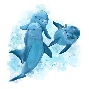 Tre delfini nuotano nel mare. Dipinto.