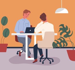 Colorful scene with colleagues sitting at table and working at coworking. Workers in cozy office. Modern comfortable freelancer workplace. Vector illustration in flat cartoon style