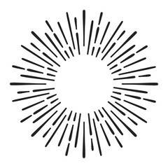 Sunburst doodle line art. Hand drawn sun burst, round banner with circle explosion. Retro sketch radial rays, black frame isolated on white background. Monochrome handmade design element