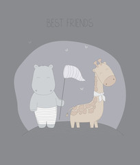 Hand drawn hippopotamus and giraffe are best friends vector illustration.