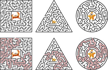 Logical game with solution. Children maze. Square labyrinth with entry and exit. Black lines on white background. Vector illustration.