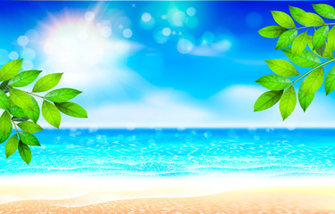 Fototapeta na wymiar Summer Background. Nature green leaf on Tropical beach with yellow sand, blue ocean and sky. Bokeh sun light wawe. Vacation or paradise business travel concept. Waves and sunlight.
