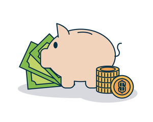 piggy bank and money bills and coins, colorful design