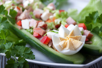 Turkey, ham and cheese salad in cucumber