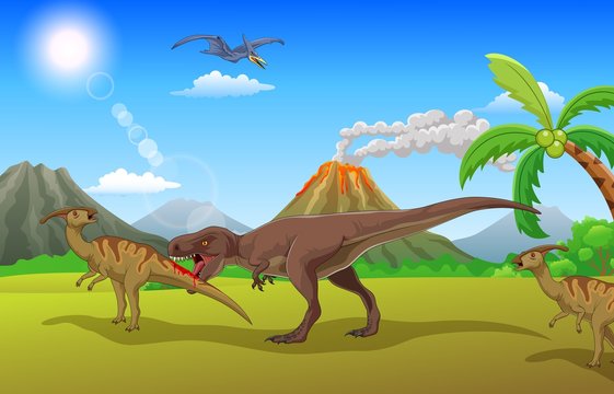 Tyrannosaurus attacks prey in the forest