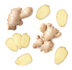 Set of fresh ginger root or rhizome sliced on white background 