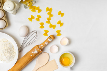 cooking pancake on white background top view ingredients for making. Healthy Natural Nutrition Concept.