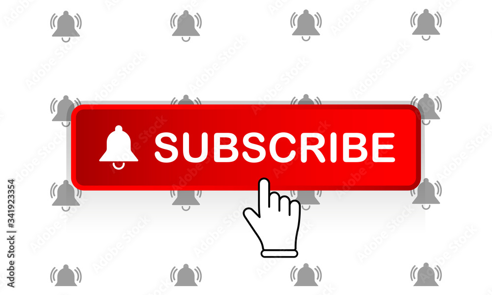 Poster red subscribe button with mouse pointer and notification bell icon flat in modern colour design conc