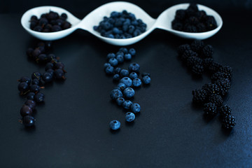 Set of different types of black berries in a white plate on a black table. Stylish seasonal vitamins
