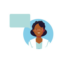 female doctor with speech bubble, medical staff on white background