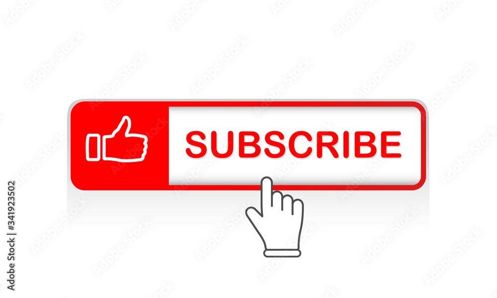 Poster red subscribe button with mouse pointer and notification bell icon flat in modern colour design conc