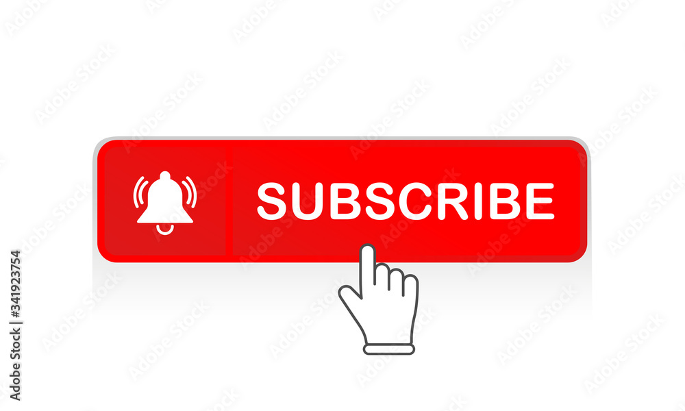 Poster red subscribe button with mouse pointer and notification bell icon flat in modern colour design conc