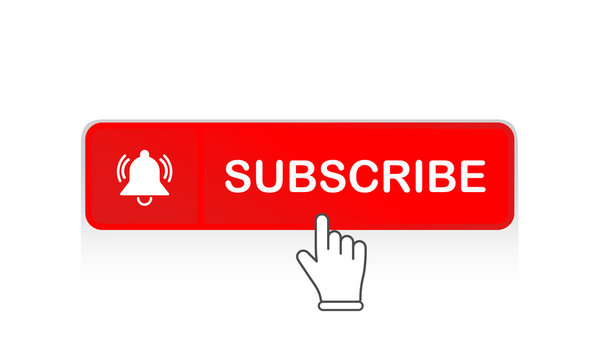 Red subscribe button with mouse pointer and notification bell icon flat in modern colour design concept on isolated white background. EPS 10 vector.