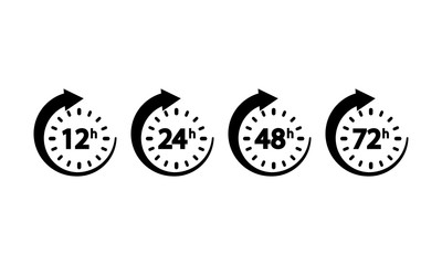 12, 24, 72, 48 hours clock icon set on an isolated white background. EPS 10 vector.