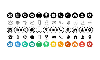 Set of communication icons set. Phone, mobile phone, retro phone, location, mail and web site symbols on isolated white background for applications, web, app. EPS 10 vector