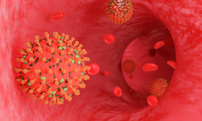 Coronavirus disease COVID-19 infection medical illustration. Pathogen respiratory influenza covid virus cells. New official name for Coronavirus disease named COVID-19. 3D Rendering.